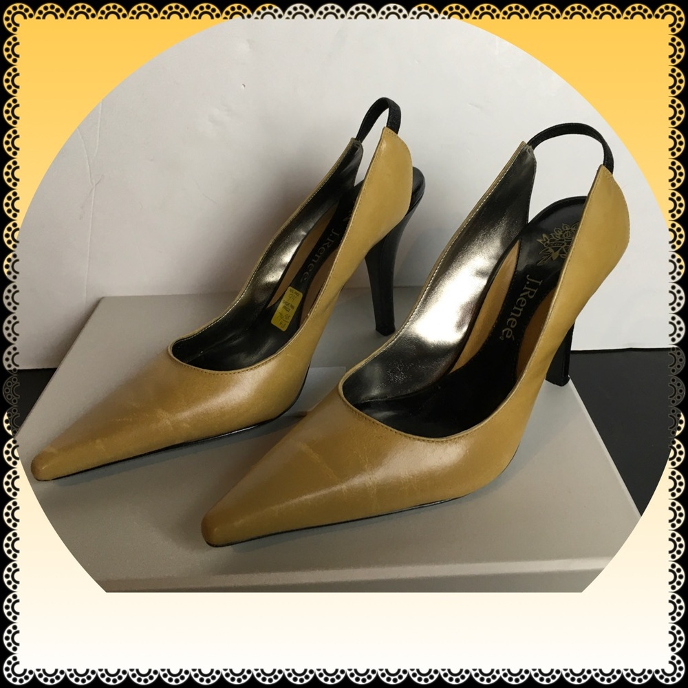 J RENEE  LEATHER YELLOW TONES/BLACK SLINGBACK HEELS 3 1/2 INCH HEEL